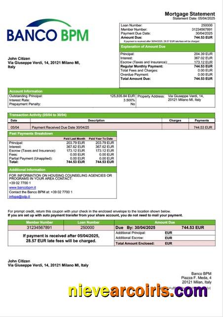 Italy Banco BPM mortgage statement Word and PDF template